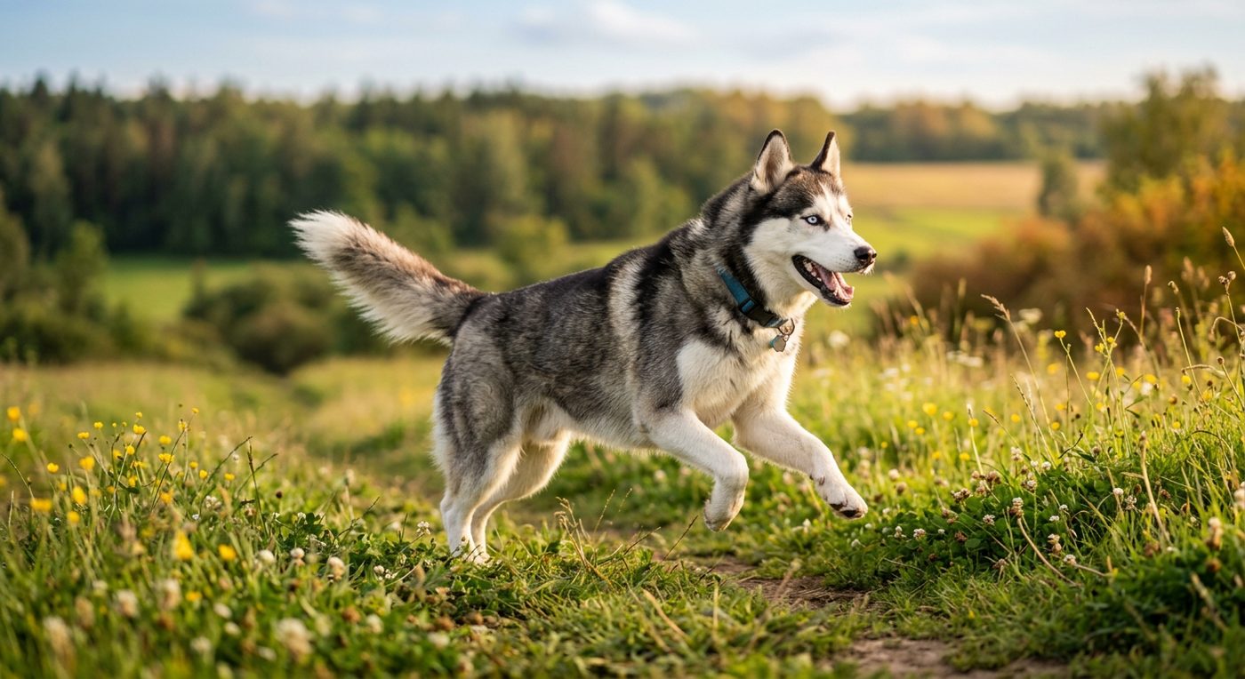 Aktiver, gesunder Siberian Husky im Freien (symbolische Fotodarstellung, KI-generiert)