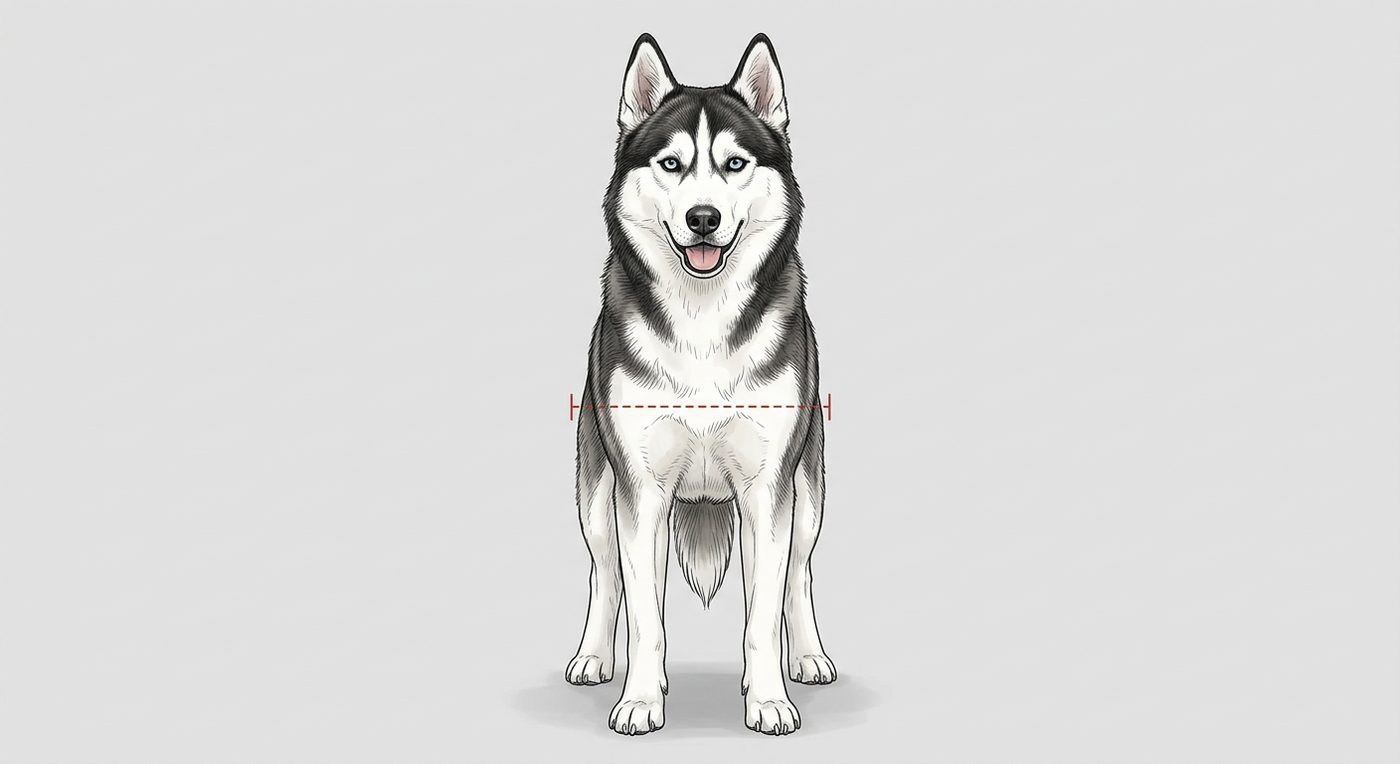 Siberian Husky Frontalansicht: Rassezeichnung mit Vermassung der Brustbreite (Illustration, KI-generiert)