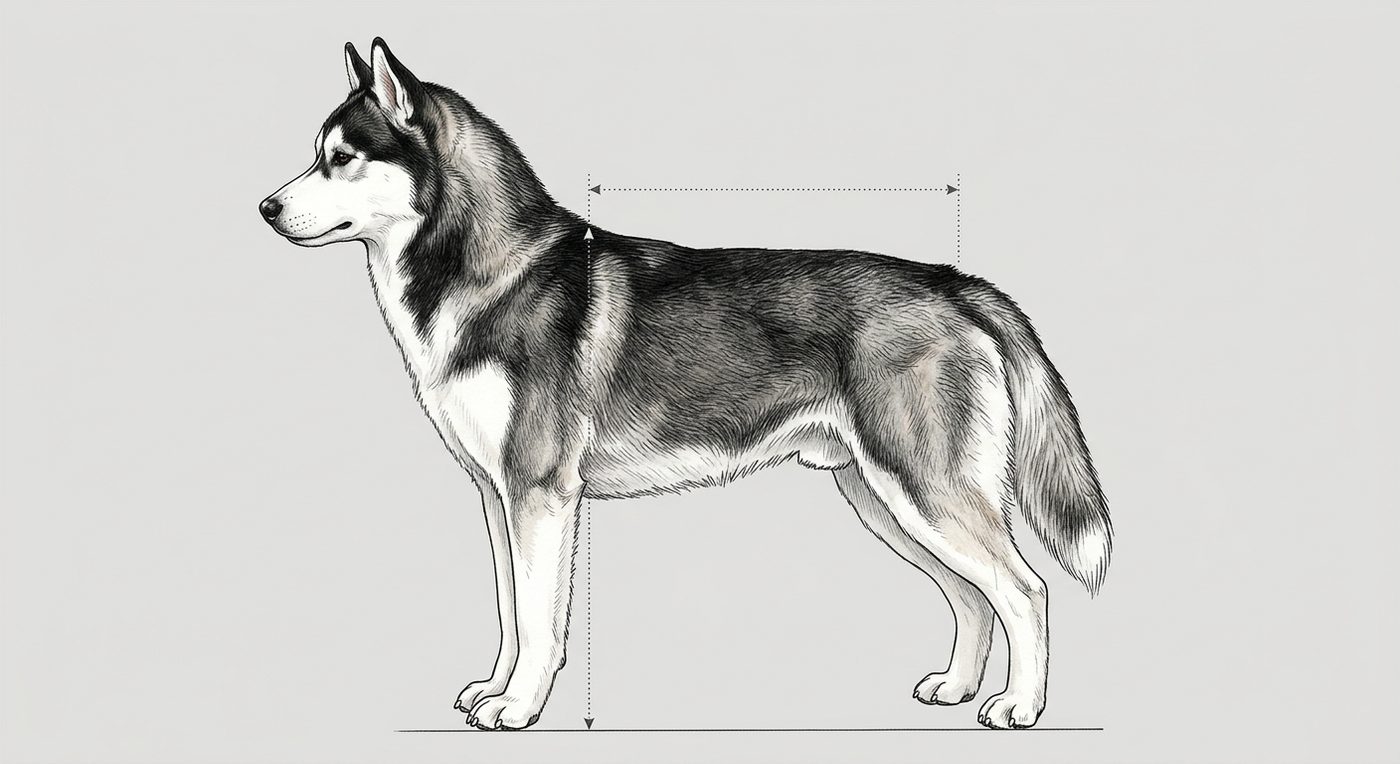 Siberian Husky Seitenansicht: Rassezeichnung mit Vermassung von Körperlänge und Widerristhöhe (Illustration, KI-generiert)