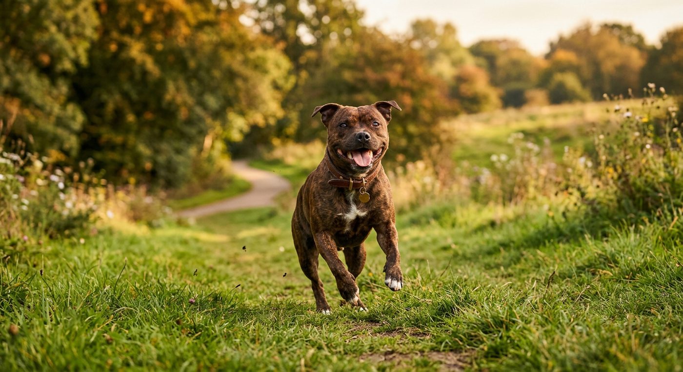 Aktiver, gesunder Staffordshire Bullterrier im Freien (symbolische Fotodarstellung, KI-generiert)