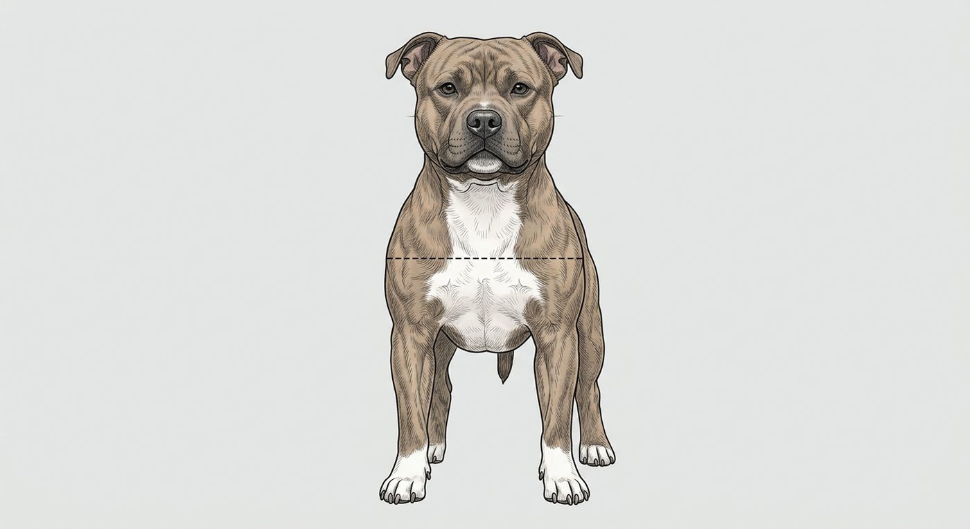 Staffordshire Bullterrier Frontalansicht: Rassezeichnung mit Vermassung der Brustbreite (Illustration, KI-generiert)