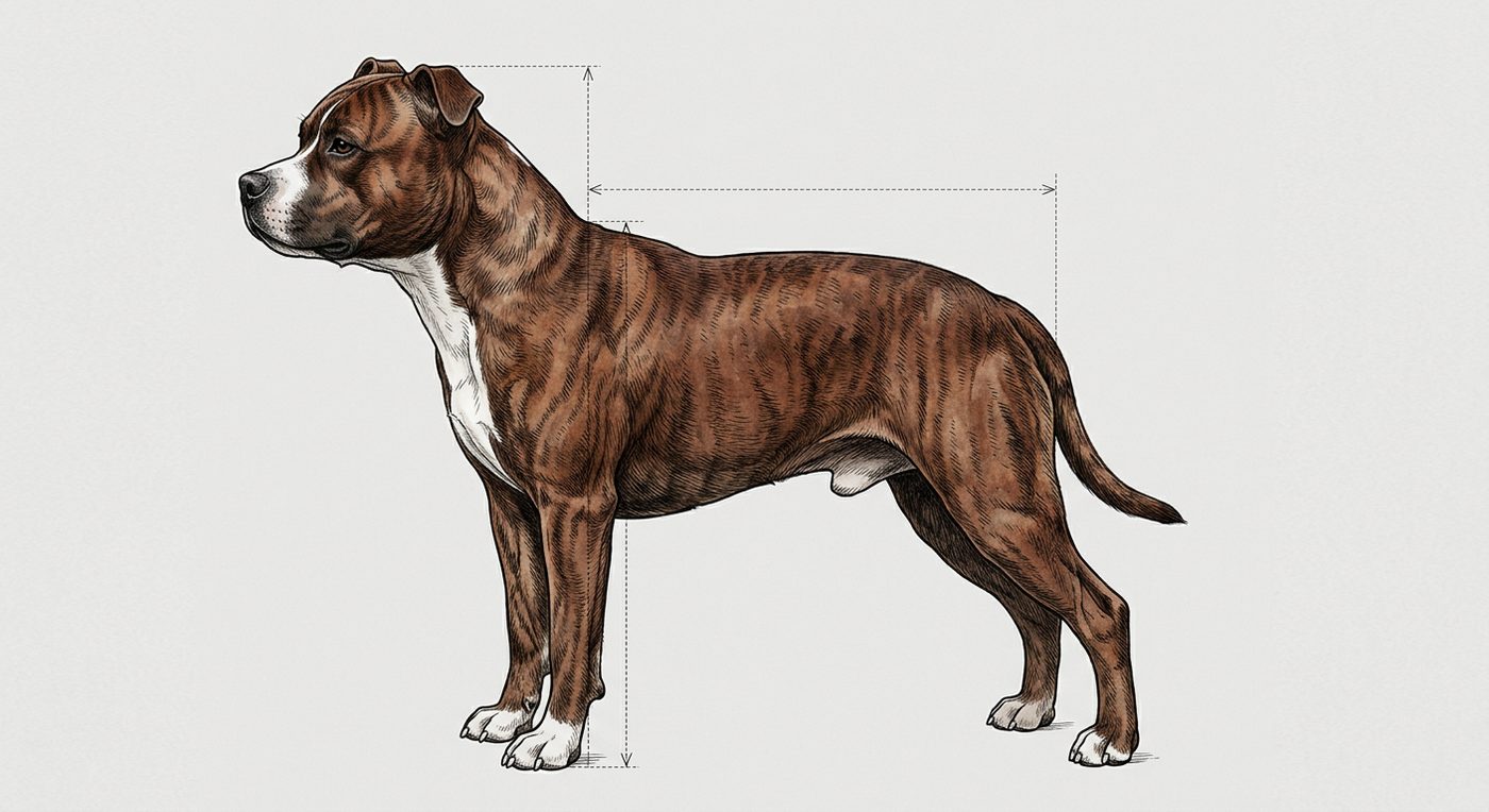 Staffordshire Bullterrier Seitenansicht: Rassezeichnung mit Vermassung von Körperlänge und Widerristhöhe (Illustration, KI-generiert)