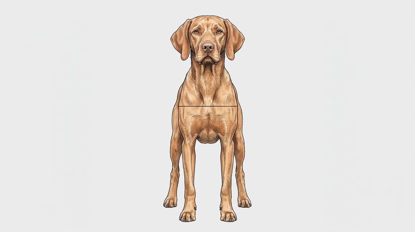 Vizsla Frontalansicht: Rassezeichnung mit Vermassung der Brustbreite (Illustration, KI-generiert)