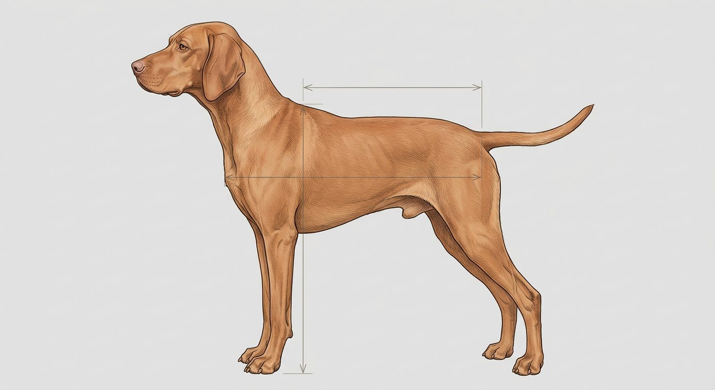 Vizsla Seitenansicht: Rassezeichnung mit Vermassung von Körperlänge und Widerristhöhe (Illustration, KI-generiert)