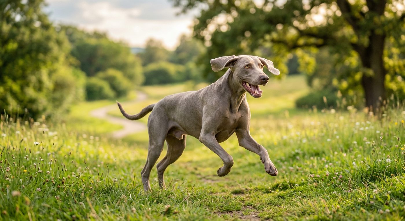Aktiver, gesunder Weimaraner im Freien (symbolische Fotodarstellung, KI-generiert)