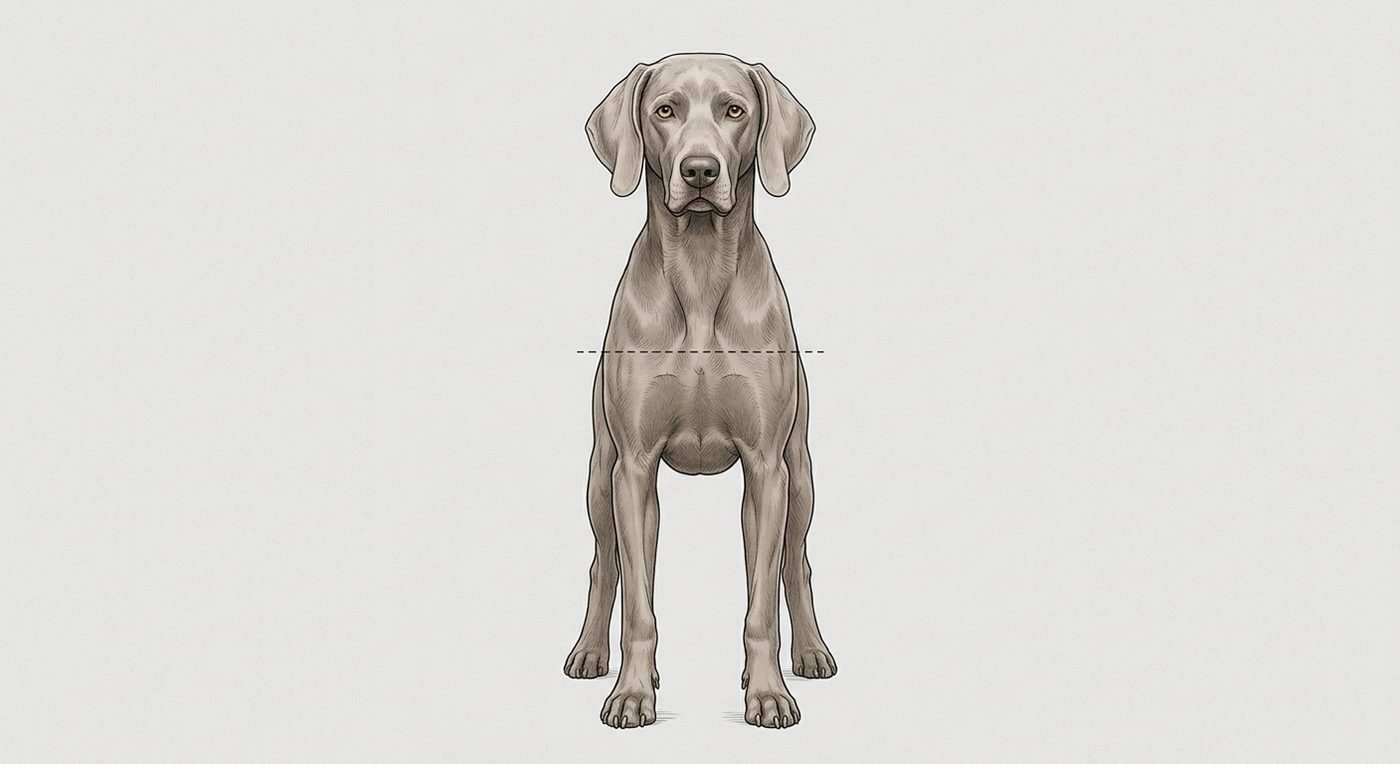 Weimaraner Frontalansicht: Rassezeichnung mit Vermassung der Brustbreite (Illustration, KI-generiert)