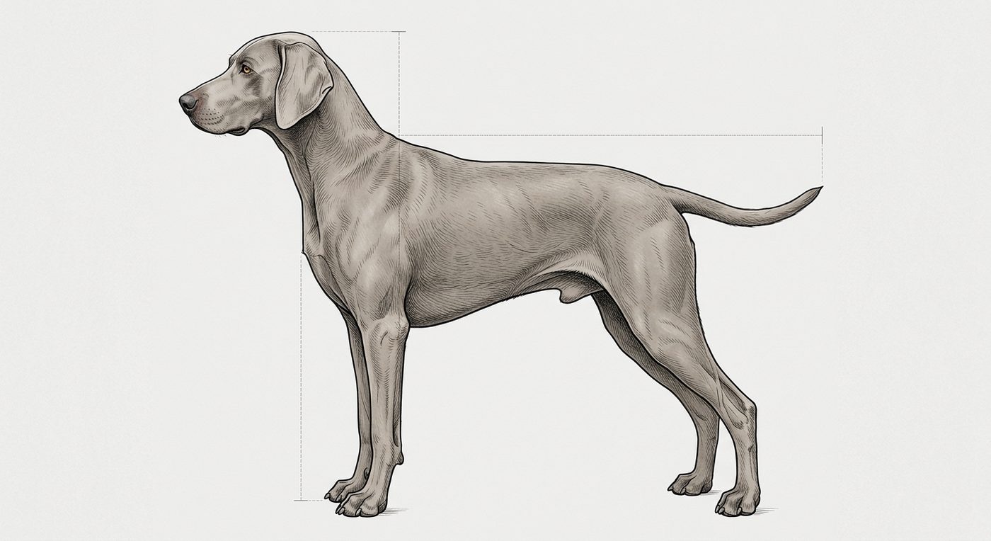 Weimaraner Seitenansicht: Rassezeichnung mit Vermassung von Körperlänge und Widerristhöhe (Illustration, KI-generiert)