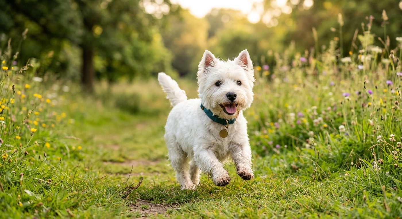 Aktiver, gesunder West Highland White Terrier im Freien (symbolische Fotodarstellung, KI-generiert)