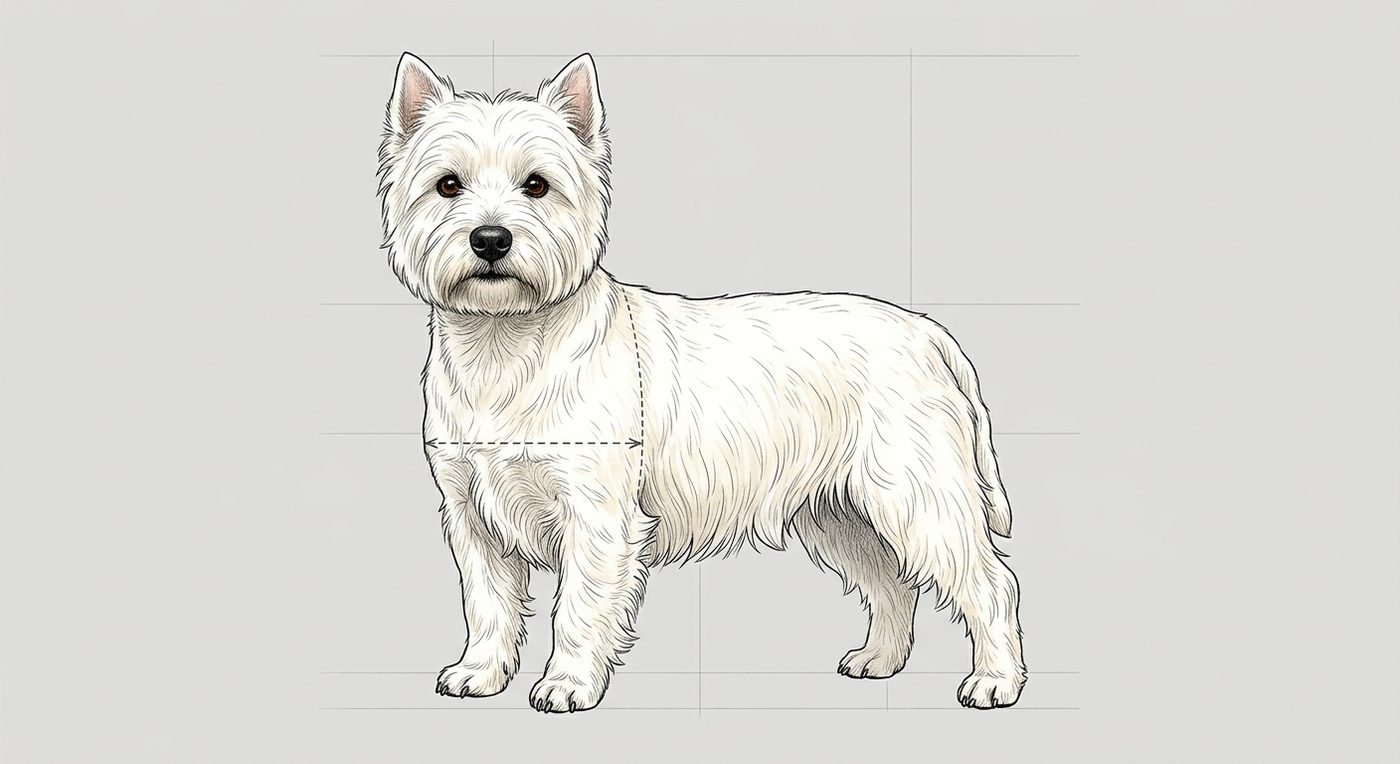 West Highland White Terrier Frontalansicht: Rassezeichnung mit Vermassung der Brustbreite (Illustration, KI-generiert)