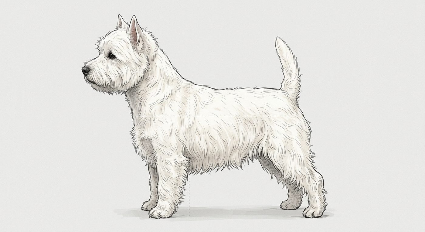 West Highland White Terrier Seitenansicht: Rassezeichnung mit Vermassung von Körperlänge und Widerristhöhe (Illustration, KI-generiert)