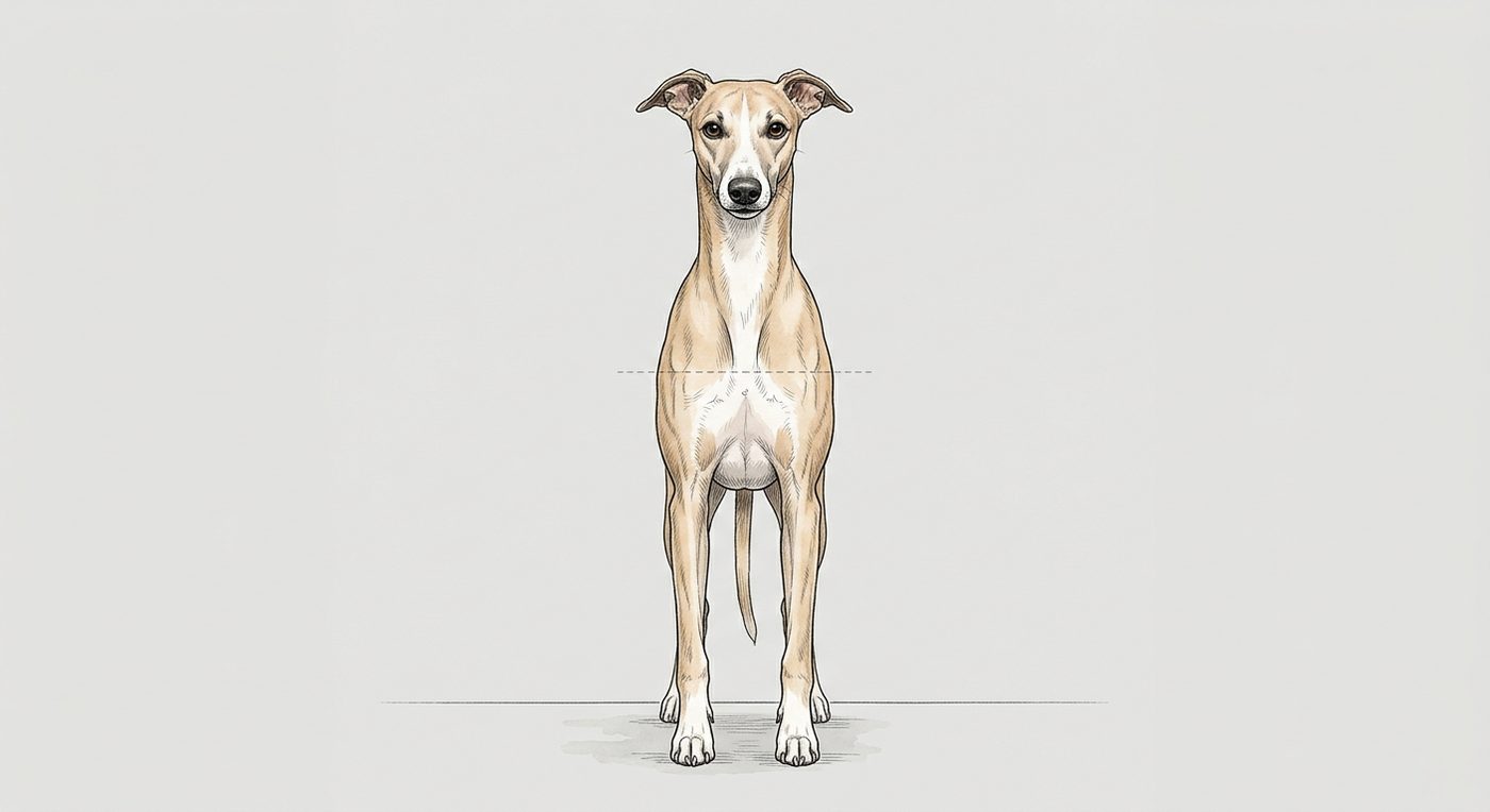 Whippet Frontalansicht: Rassezeichnung mit Vermassung der Brustbreite (Illustration, KI-generiert)
