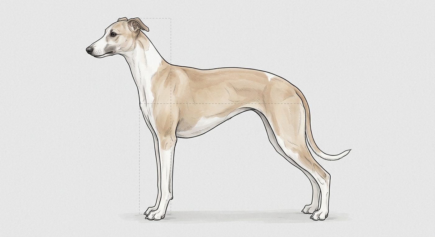 Whippet Seitenansicht: Rassezeichnung mit Vermassung von Körperlänge und Widerristhöhe (Illustration, KI-generiert)