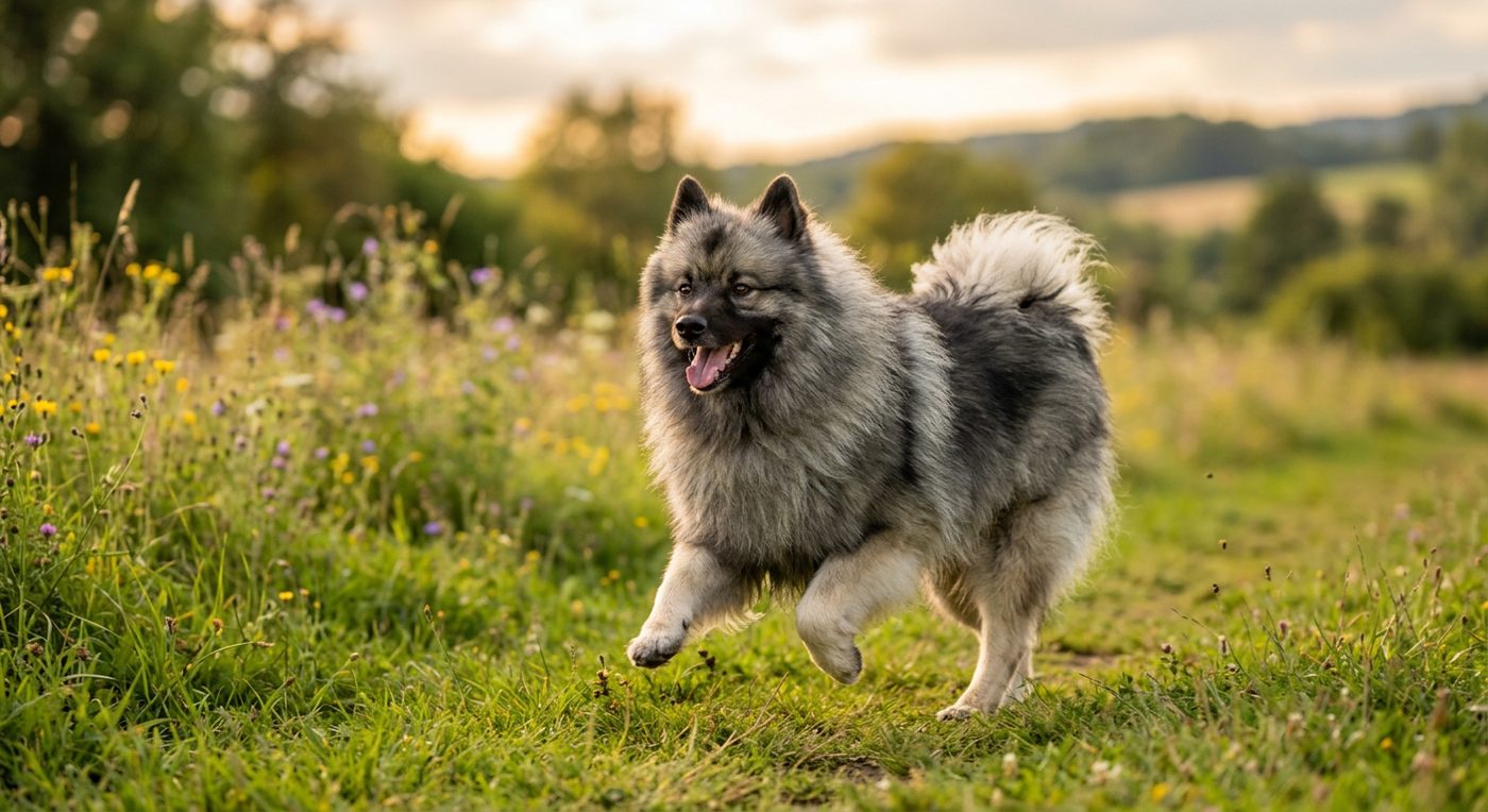 Aktiver, gesunder Wolfsspitz (Keeshond) im Freien (symbolische Fotodarstellung, KI-generiert)