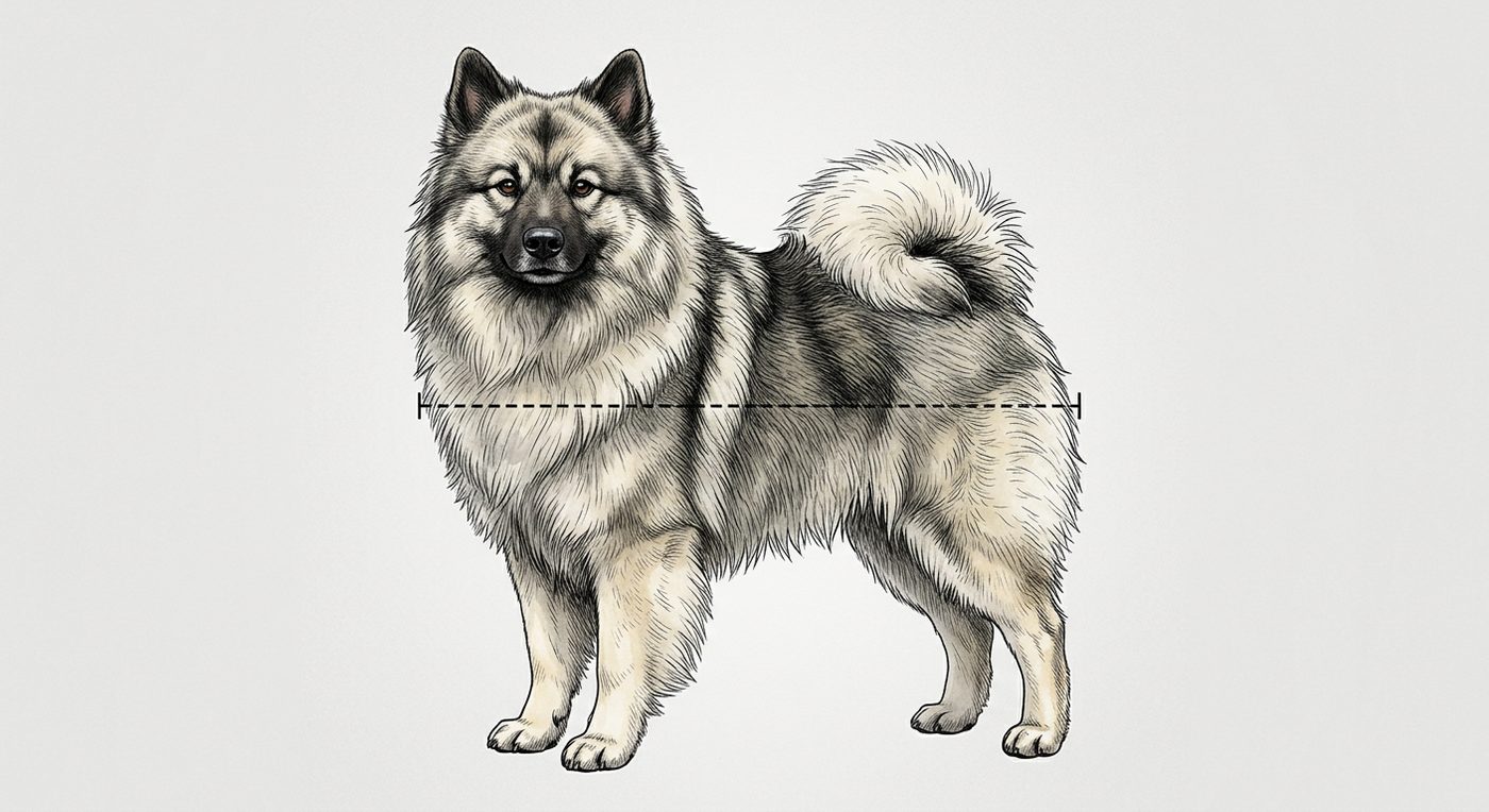 Wolfsspitz (Keeshond) Frontalansicht: Rassezeichnung mit Vermassung der Brustbreite (Illustration, KI-generiert)