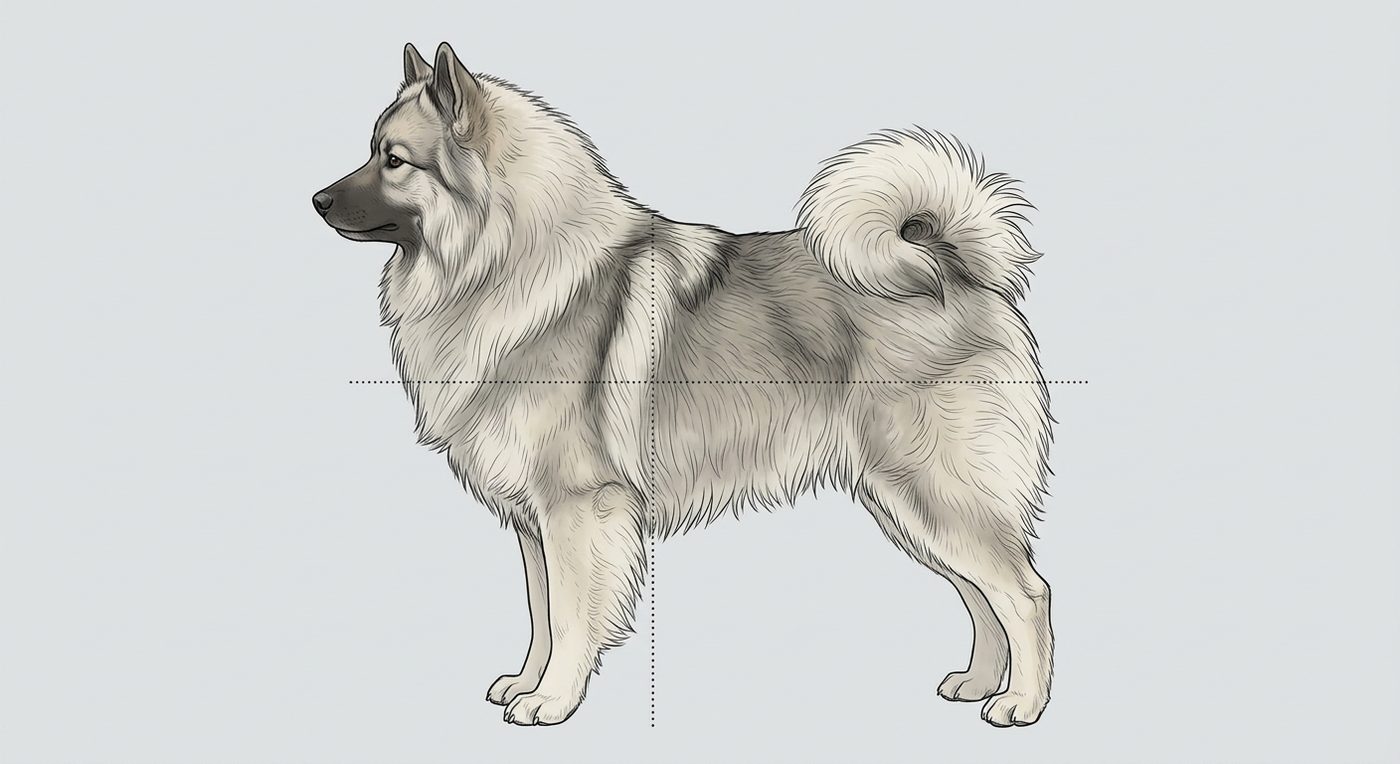 Wolfsspitz (Keeshond) Seitenansicht: Rassezeichnung mit Vermassung von Körperlänge und Widerristhöhe (Illustration, KI-generiert)