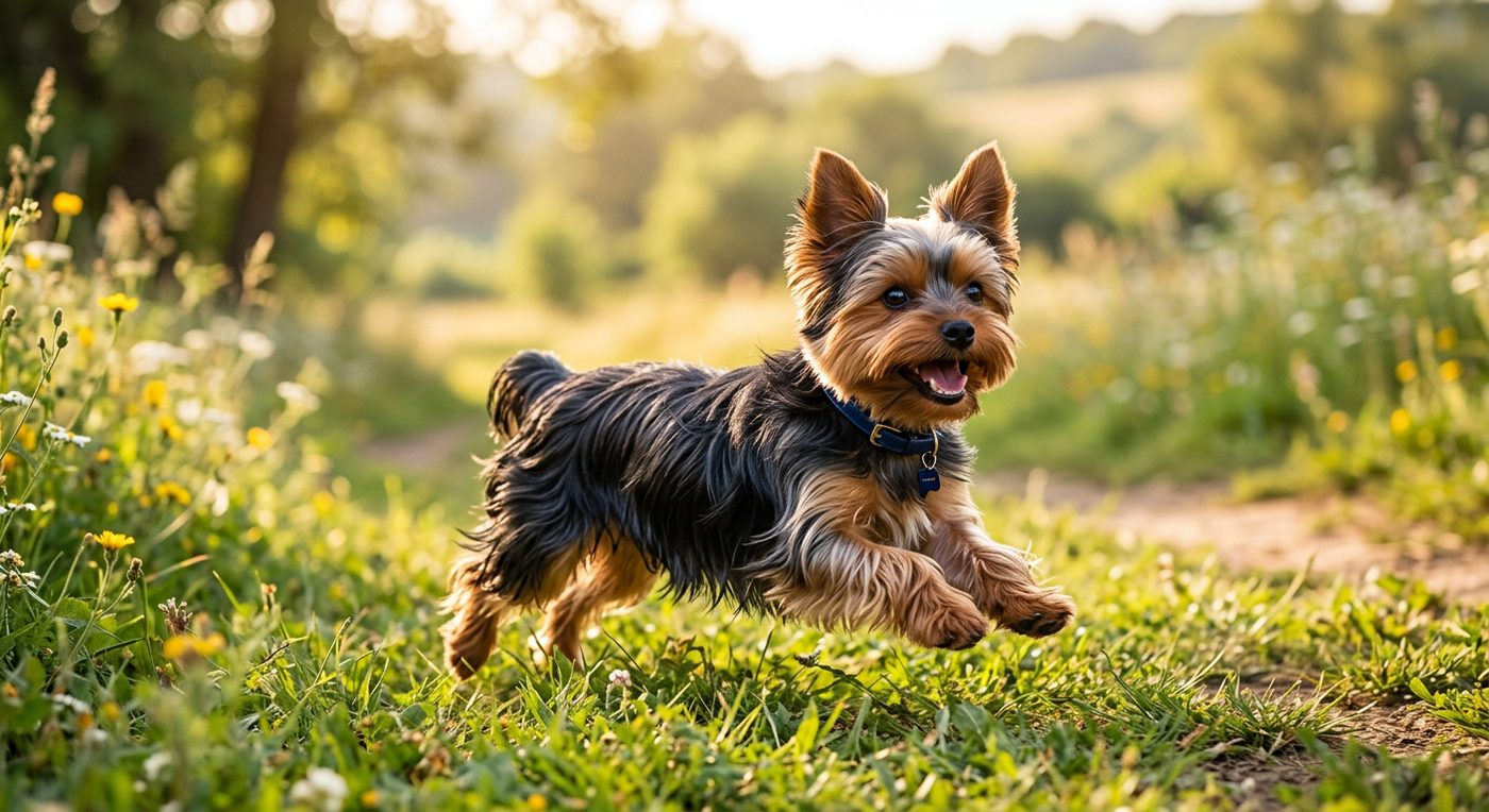 Aktiver, gesunder Yorkshire Terrier im Freien (symbolische Fotodarstellung, KI-generiert)