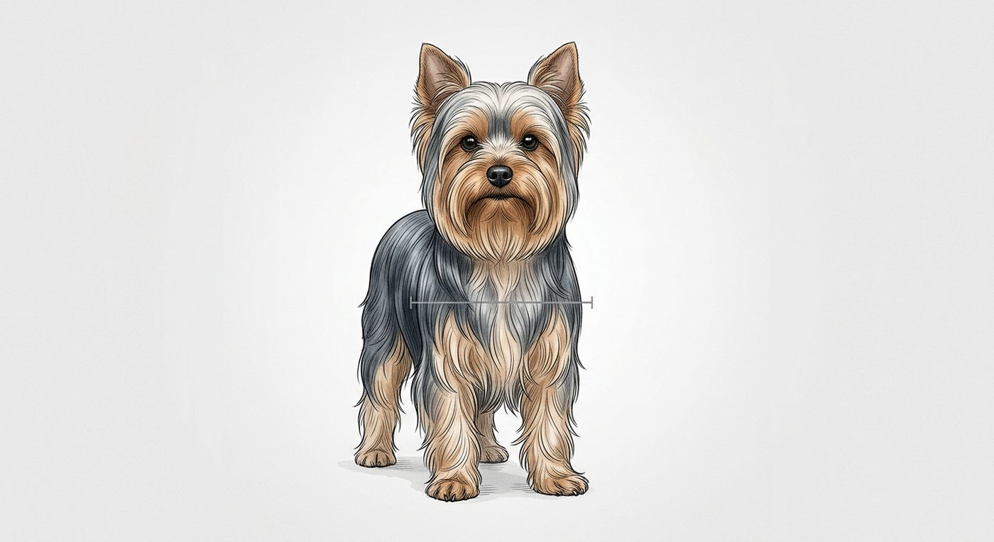 Yorkshire Terrier Frontalansicht: Rassezeichnung mit Vermassung der Brustbreite (Illustration, KI-generiert)