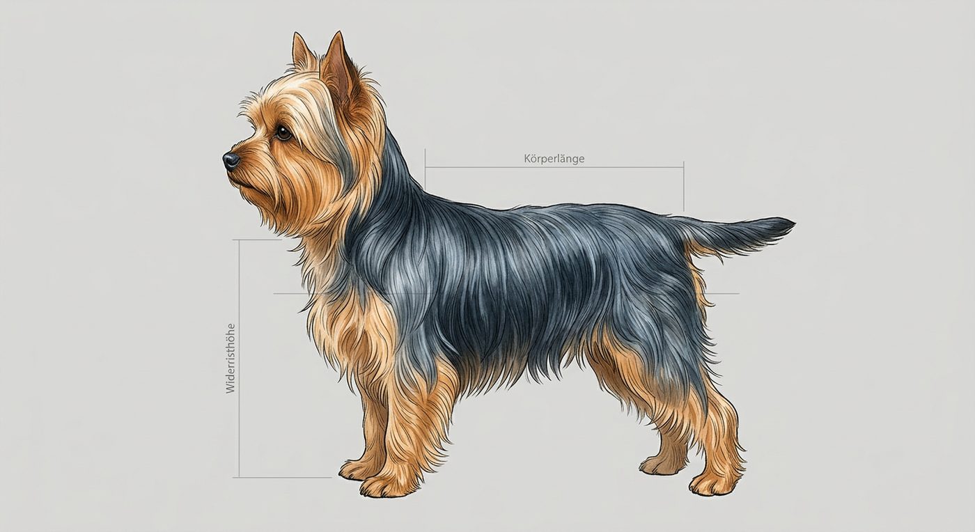 Yorkshire Terrier Seitenansicht: Rassezeichnung mit Vermassung von Körperlänge und Widerristhöhe (Illustration, KI-generiert)