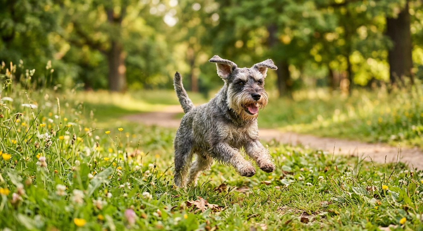Aktiver, gesunder Zwergschnauzer im Freien (symbolische Fotodarstellung, KI-generiert)