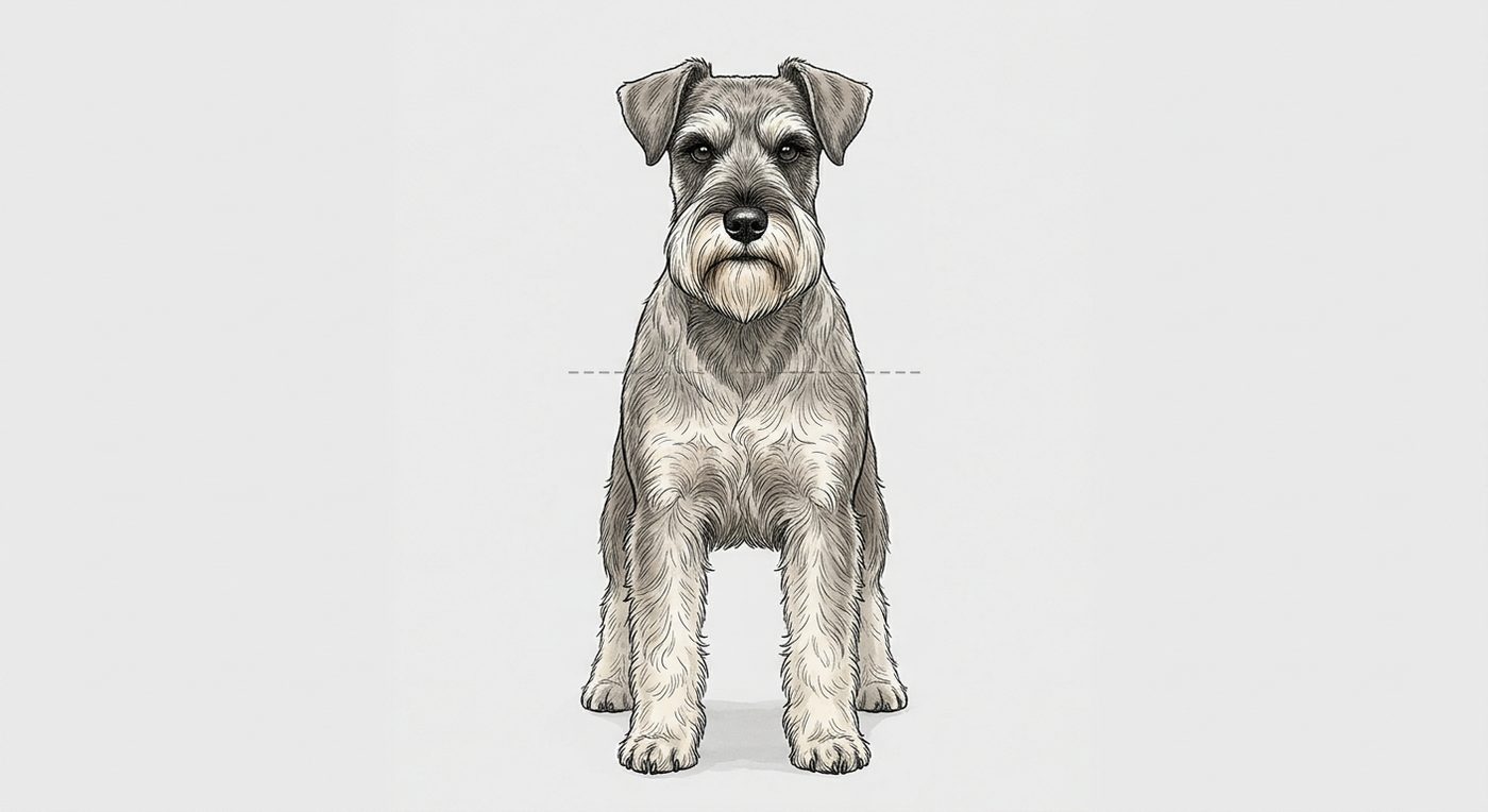Zwergschnauzer Frontalansicht: Rassezeichnung mit Vermassung der Brustbreite (Illustration, KI-generiert)