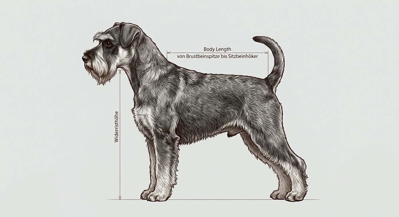 Zwergschnauzer Seitenansicht: Rassezeichnung mit Vermassung von Körperlänge und Widerristhöhe (Illustration, KI-generiert)