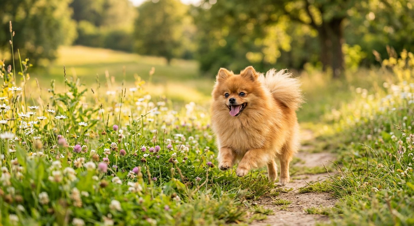Aktiver, gesunder Zwergspitz (Pomeranian) im Freien (symbolische Fotodarstellung, KI-generiert)