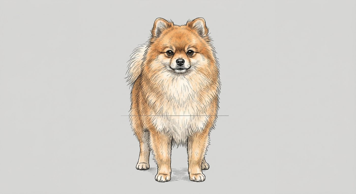 Zwergspitz (Pomeranian) Frontalansicht: Rassezeichnung mit Vermassung der Brustbreite (Illustration, KI-generiert)