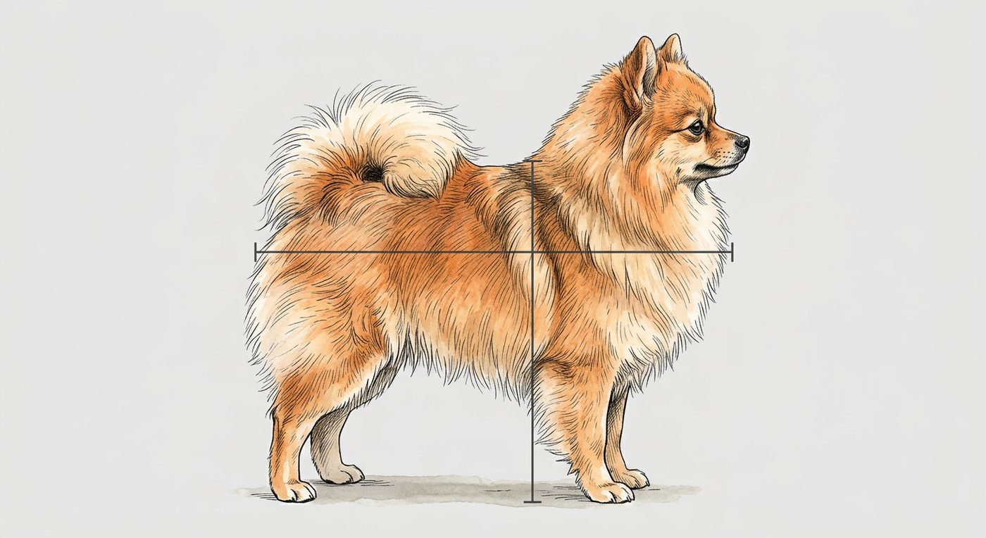 Zwergspitz (Pomeranian) Seitenansicht: Rassezeichnung mit Vermassung von Körperlänge und Widerristhöhe (Illustration, KI-generiert)