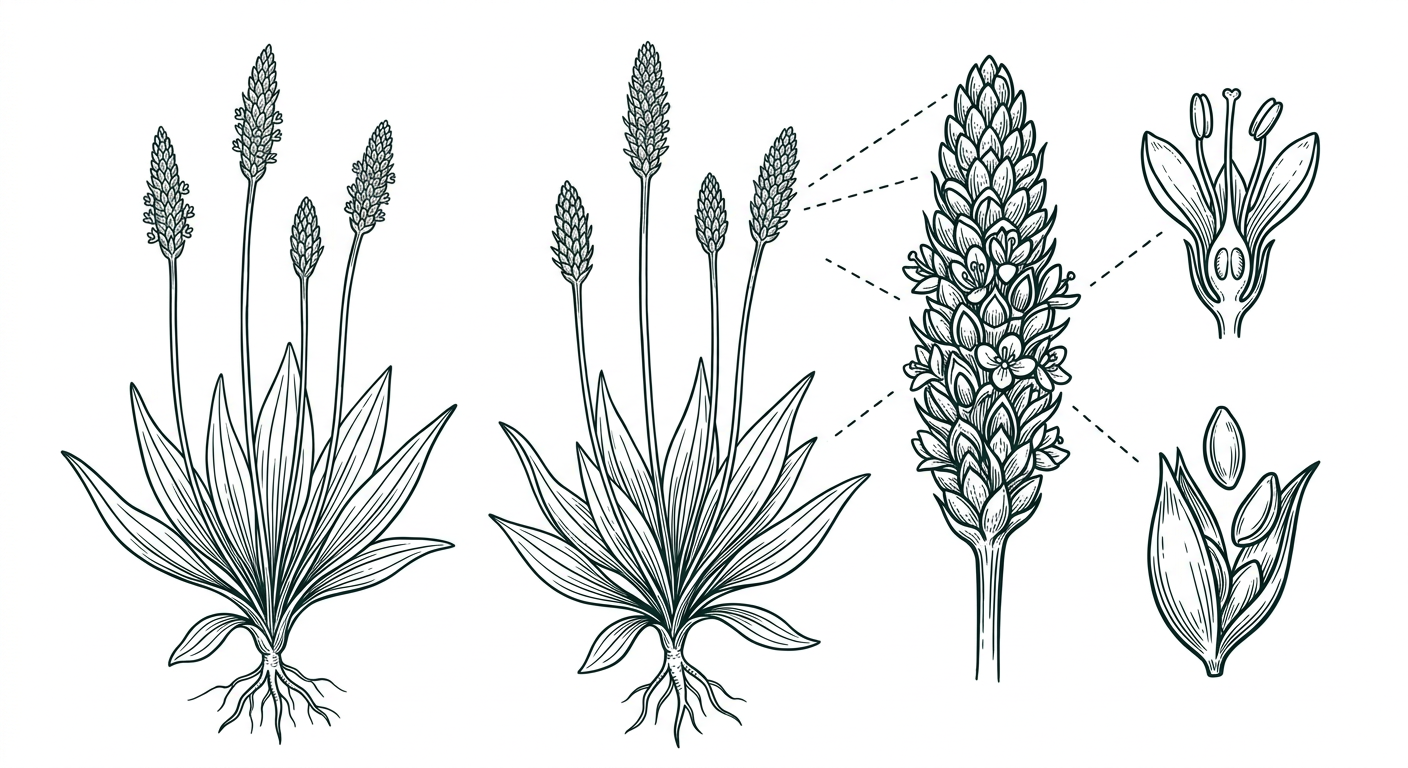 Naturalistische Spezimen-Illustration der Flohsamenpflanze (Plantago ovata) mit Samenständen (Illustration, KI-generiert)