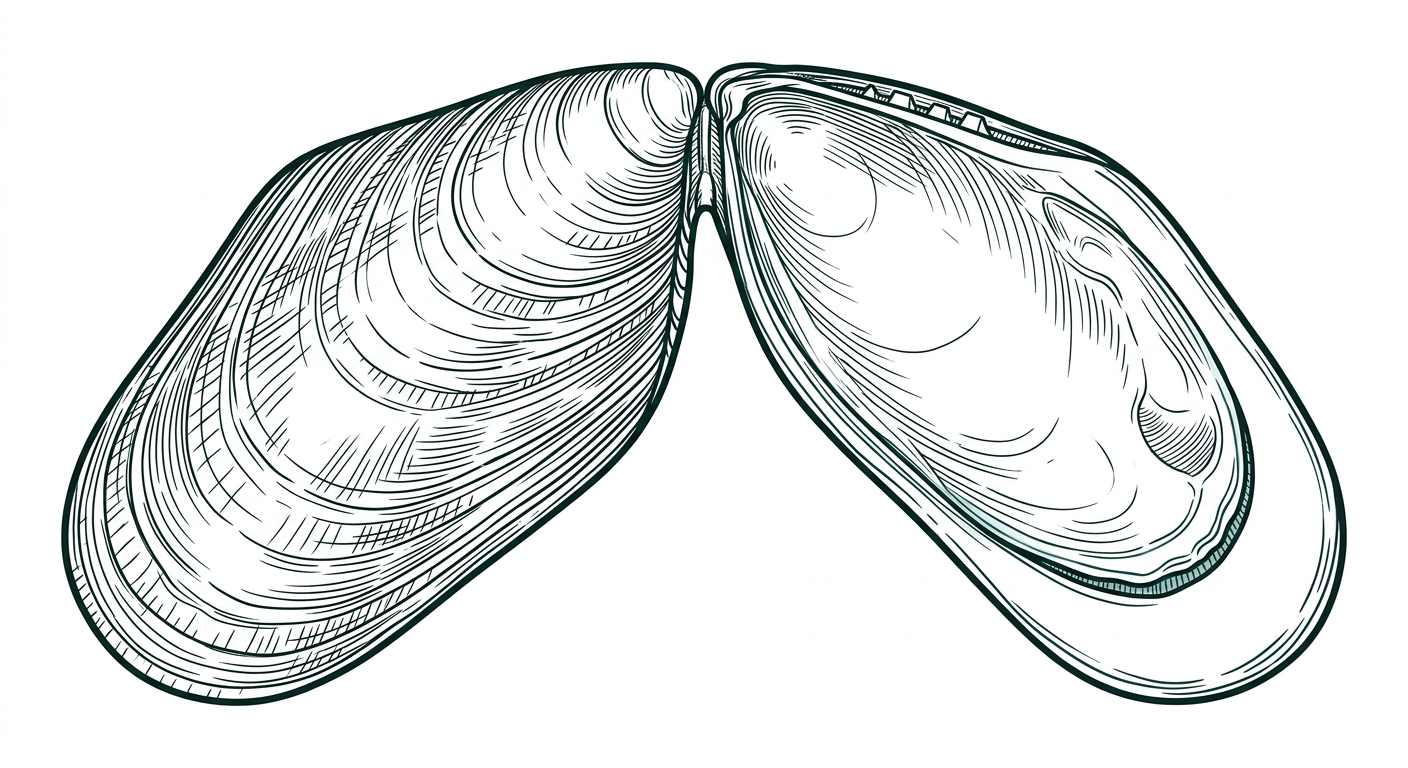 Naturalistische Spezimen-Illustration einer Grünlippmuschel-Schale (Illustration, KI-generiert)