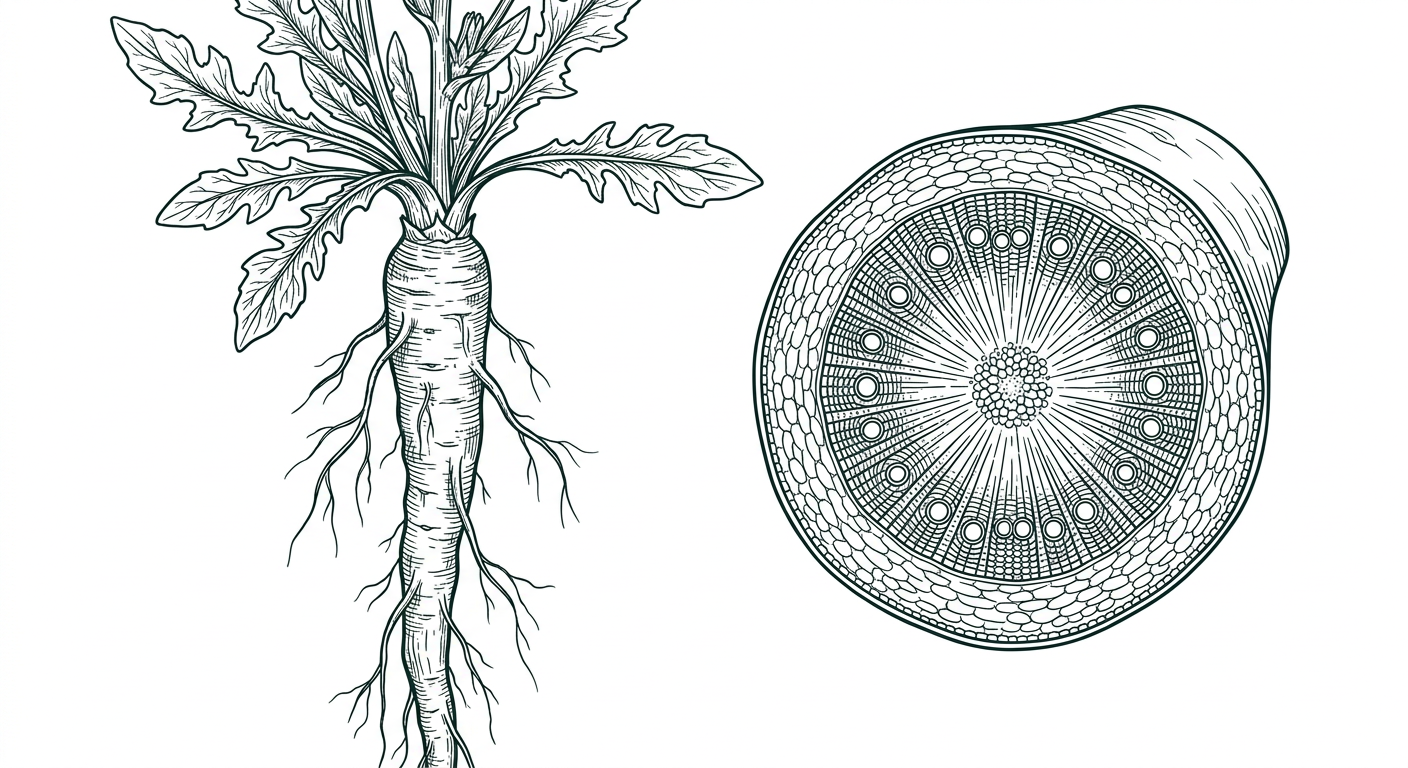 Naturalistische Spezimen-Illustration einer Chicorée-Wurzel im Querschnitt (Illustration, KI-generiert)