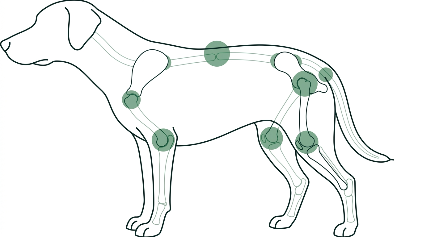 Stilisierter Hundekörper mit hervorgehobenen Gelenkpunkten (Hüfte, Ellbogen, Knie, Wirbelsäule) (Illustration, KI-generiert)