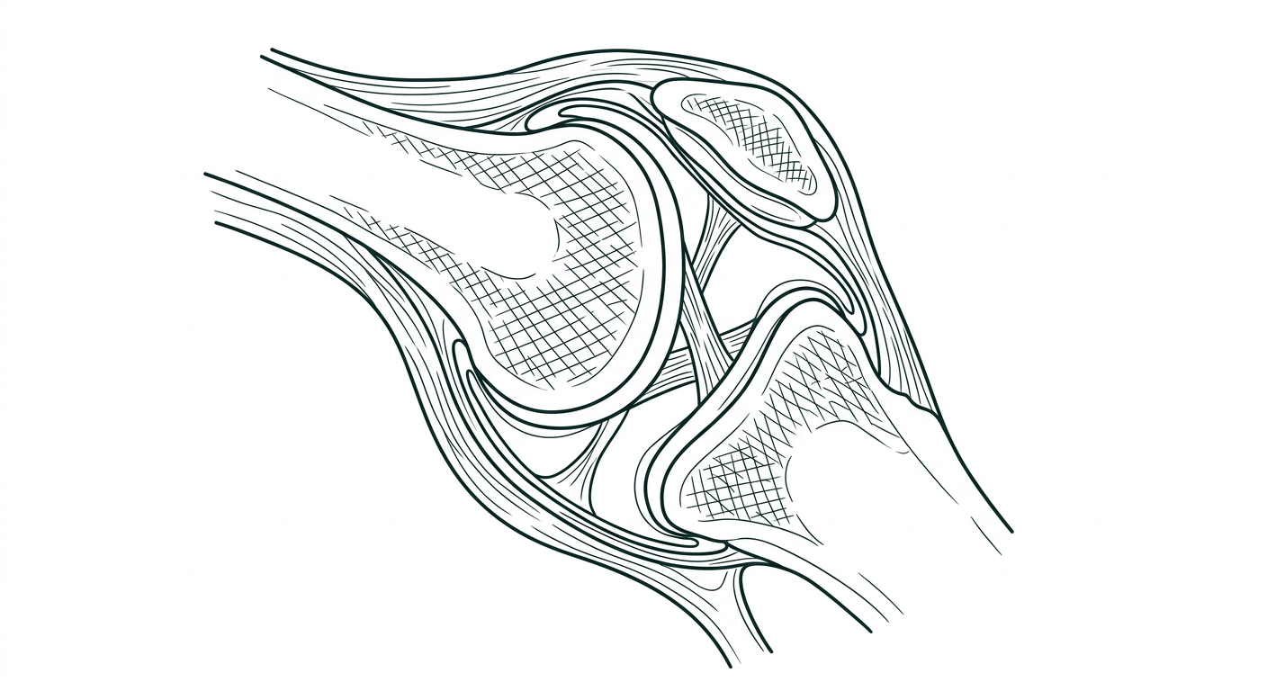 Anatomische Skizze eines Gelenks im Querschnitt mit Knorpel und Gelenkkapsel (Illustration, KI-generiert)