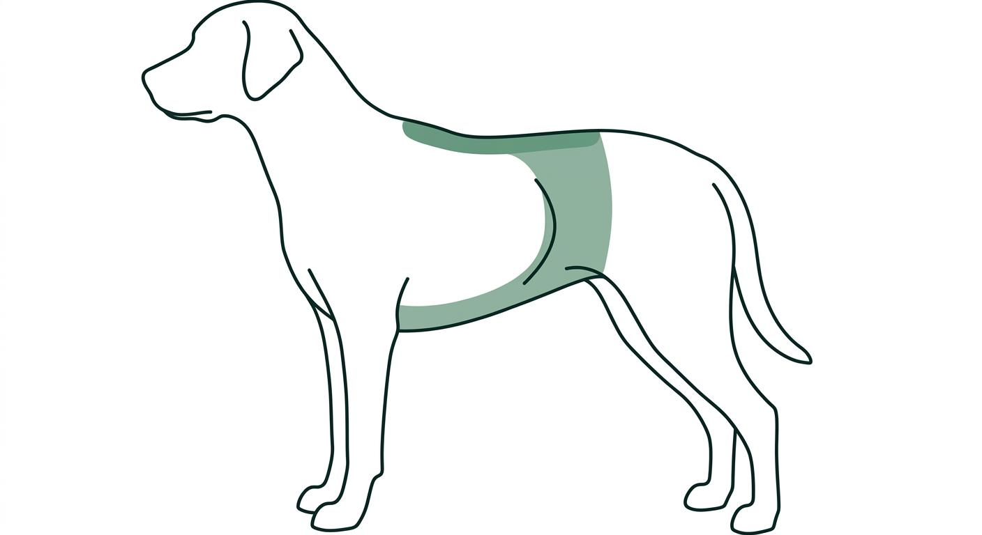 Stilisierter Hundekörper mit hervorgehobener Taillen-/Rippenregion, dem Bereich für die Körperzustands-Einschätzung (Illustration, KI-generiert)